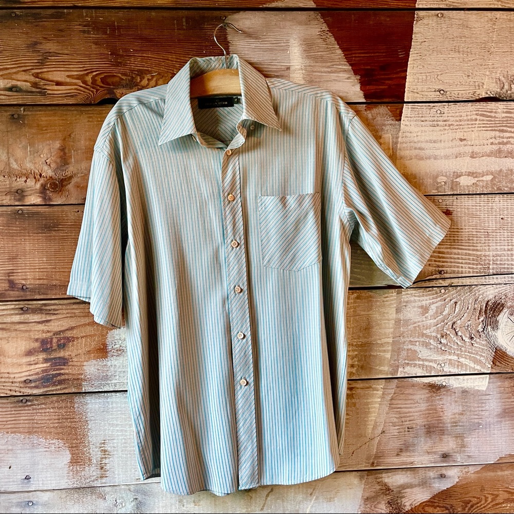 Bugatchi Designer Button Up Striped Blue & Peach Shirt Size Medium